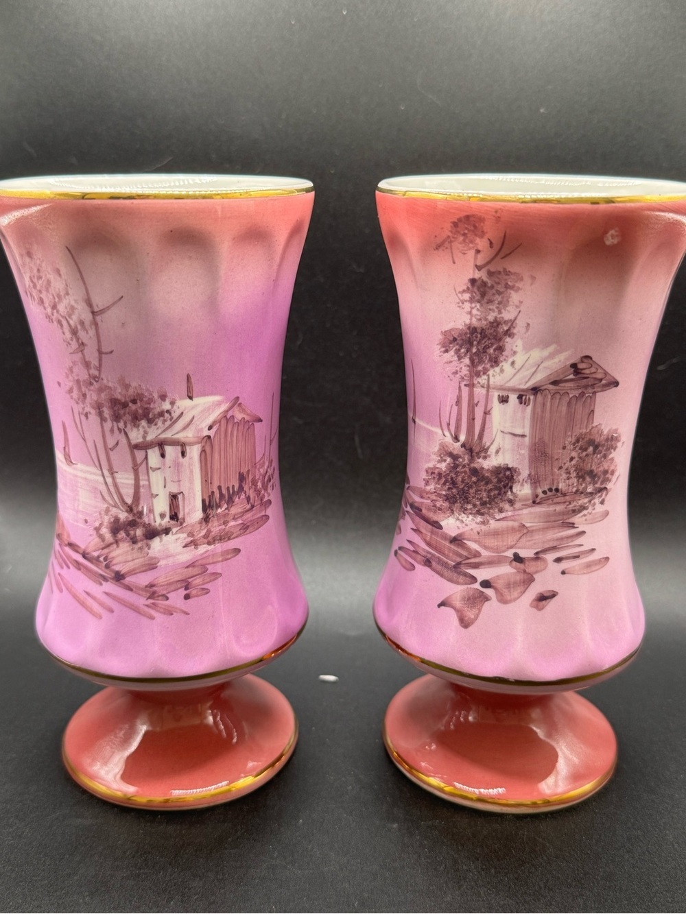 Antique Pair of Antique Pink Portugal Vases 6.75” 3030